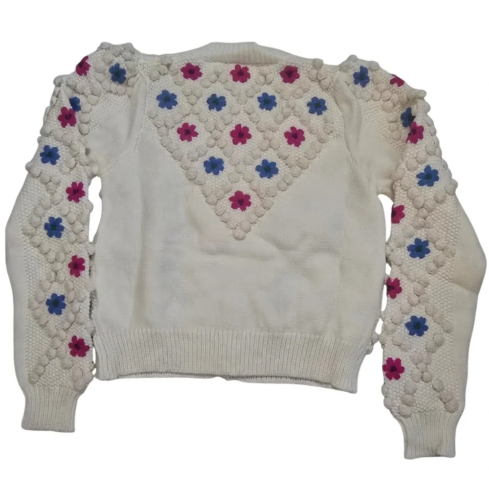 Allison New York Cottagecore Embroidered Pom Cardigan Cream Floral Sweater Small